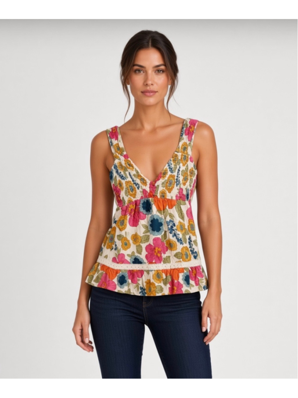 Angie Floral Smocked Tank Top Vintage Boho Peasant Square Neck Blouse Size L